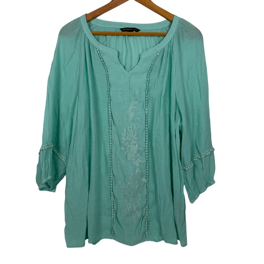 Zac & Rachel Blouse Women 2X‎ Mint Green Boho Embroidered Pom Pom Peasant Top